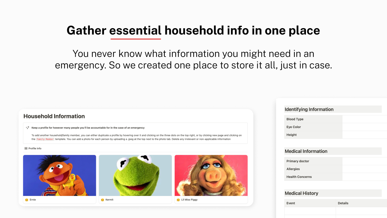 Notion household emergency planning workbook interface